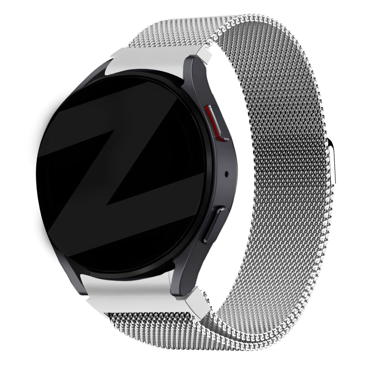 Milanese Loop Strap, silver, on a watch, 3/4 front view