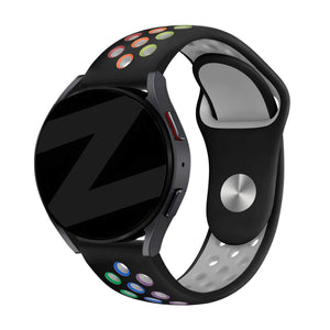 Silicone Sport Strap 'Deluxe', black/colourful, on a watch, 3/4 front view