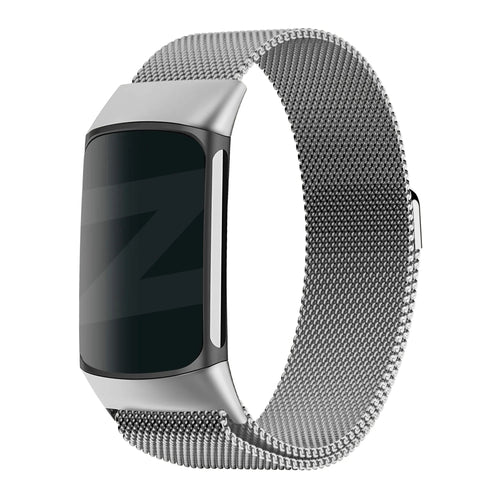 Milanese Loop Strap, silver, on a watch, 3/4 front view