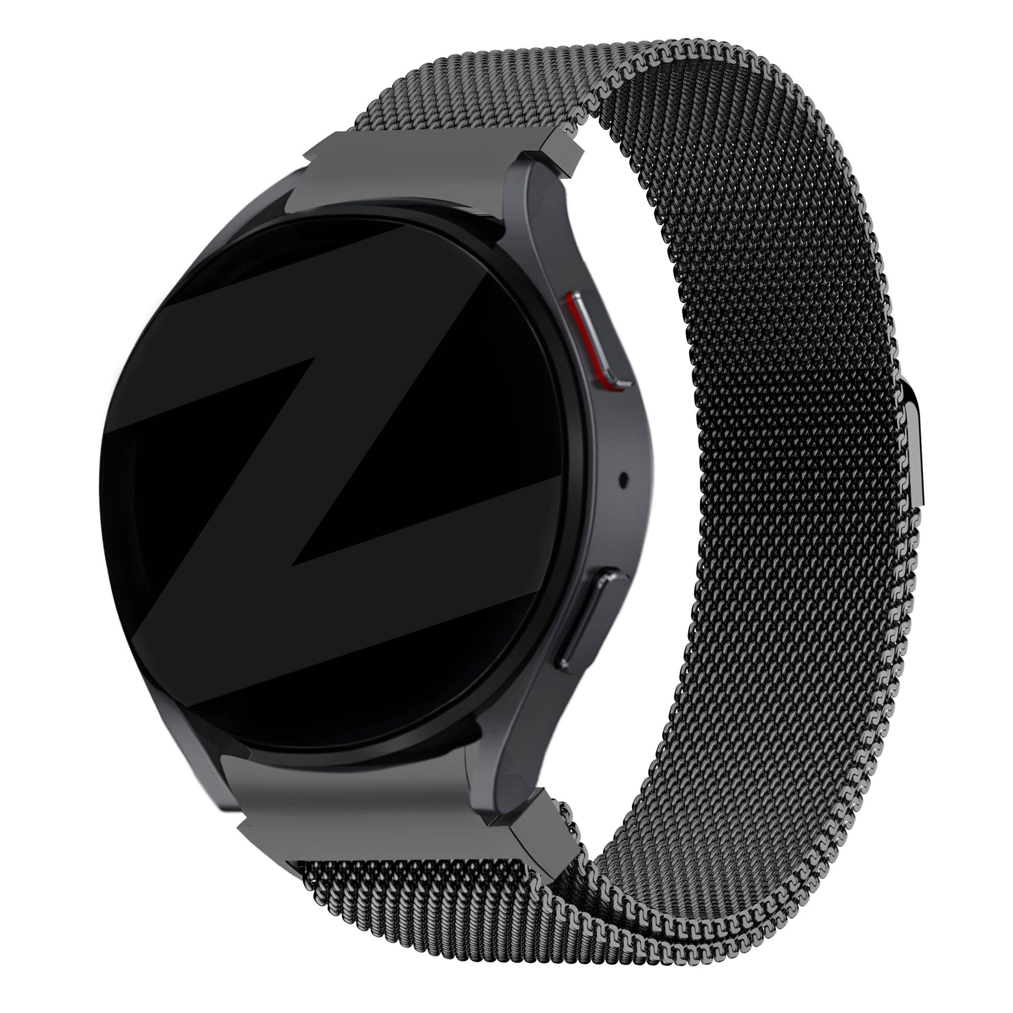 Milanese Loop Strap, black, on a watch, 3/4 front view