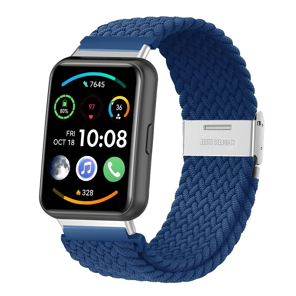 Nylon Adjustable Braided Strap, blue, on a watch, 3/4 front view