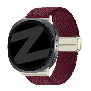 Nylon Braided Strap 'Easy Fit', wine red, on a watch, 3/4 front view
