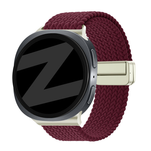 Nylon Braided Strap 'Easy Fit', wine red, on a watch, 3/4 front view