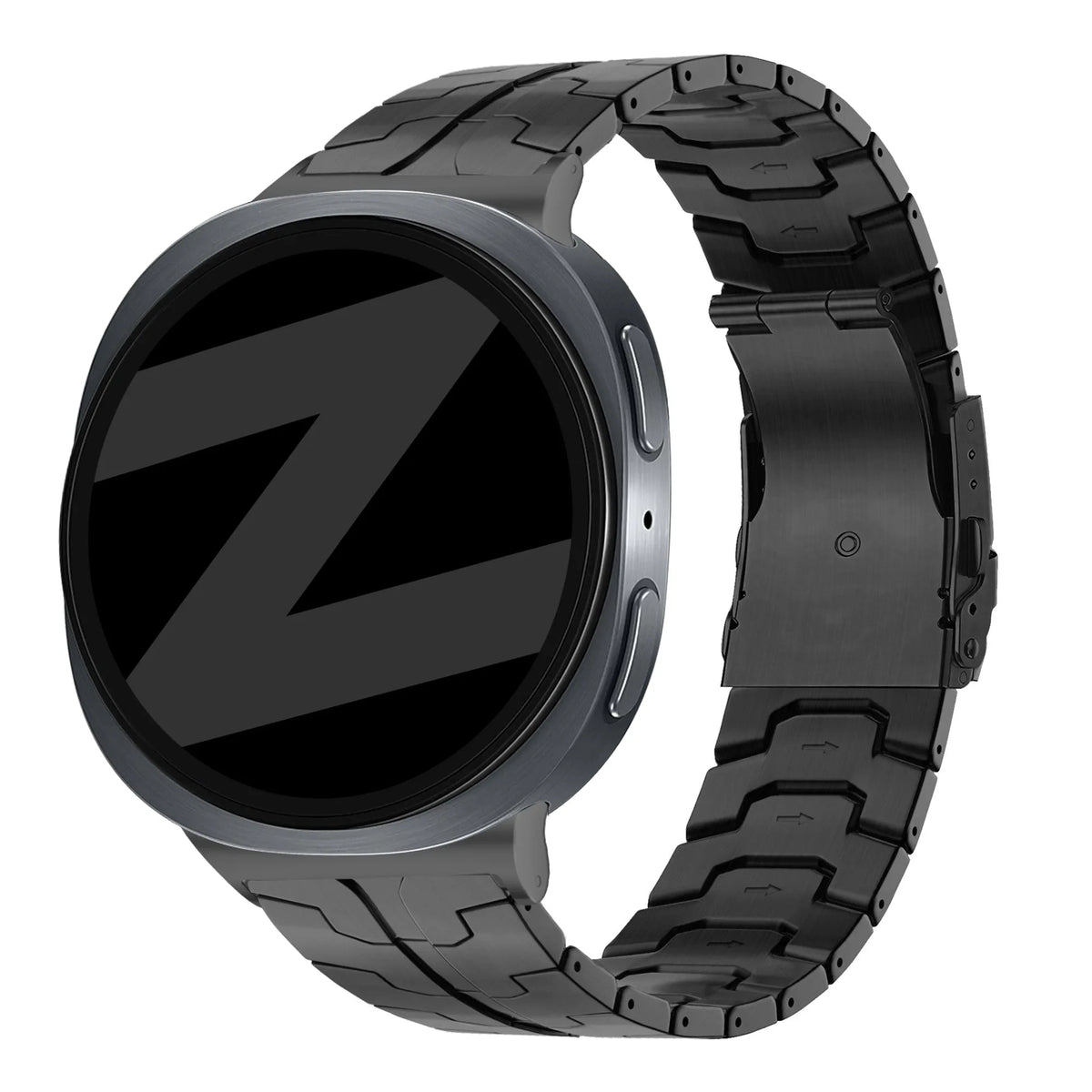 Steel Iron Strap, black, on a watch, 3/4 front view