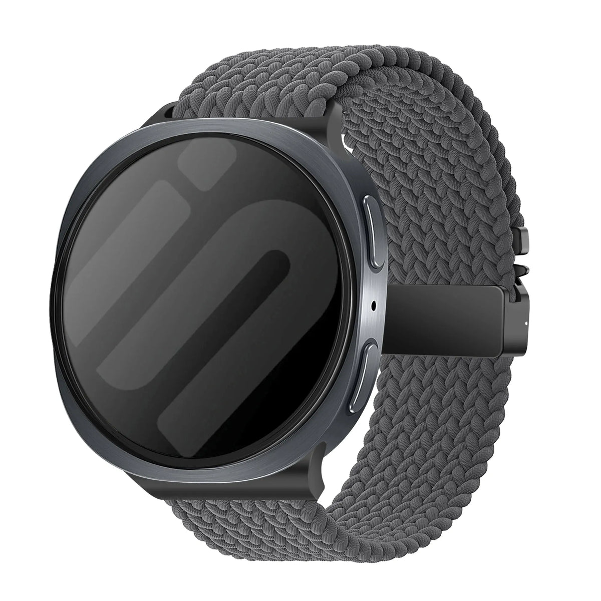 Nylon Braided Strap P-Buckle, dark grey, on a watch, 3/4 front view