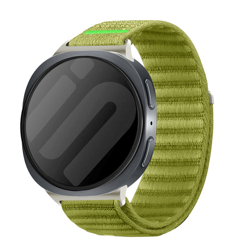 Wave Nylon Strap, field green, on a watch, 3/4 front view