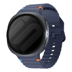 Wave Silicone Strap, dark blue, on a watch, 3/4 front view