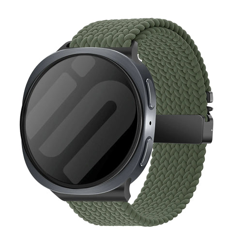 Nylon Braided Strap P-Buckle, army green, on a watch, 3/4 front view