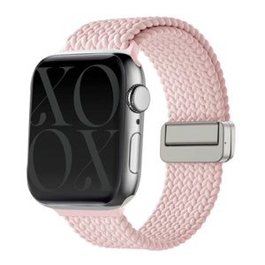 Braided Nylon Strap, pink, on a watch, 3/4 front view