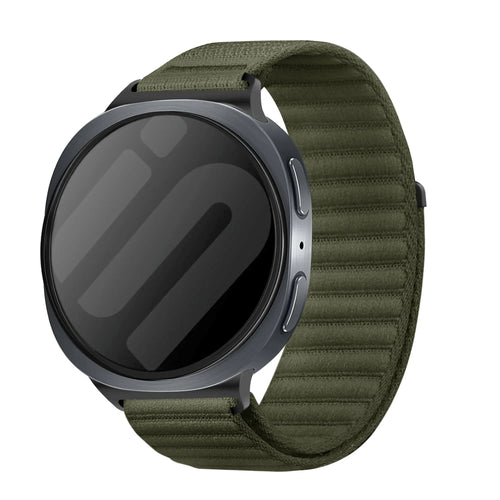 Wave Nylon Strap, dark green, on a watch, 3/4 front view