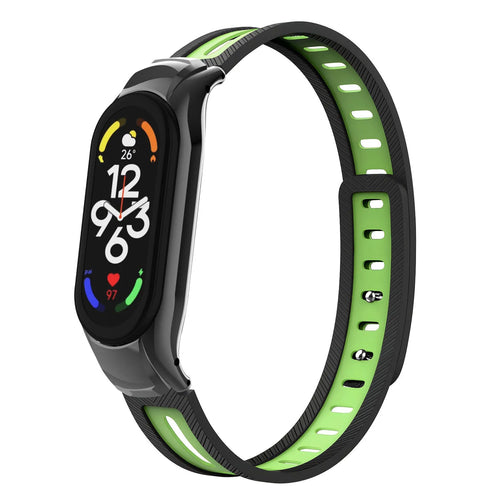 Silicone TPU Strap with Frame, black/green, on a watch, 3/4 front view