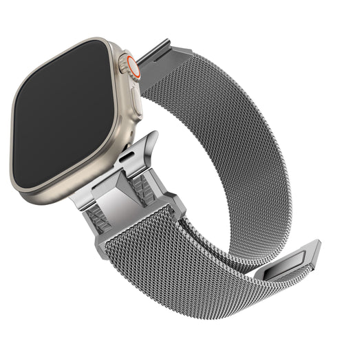 Milanese Strap 'Mecha', silver, on a watch, 3/4 front view