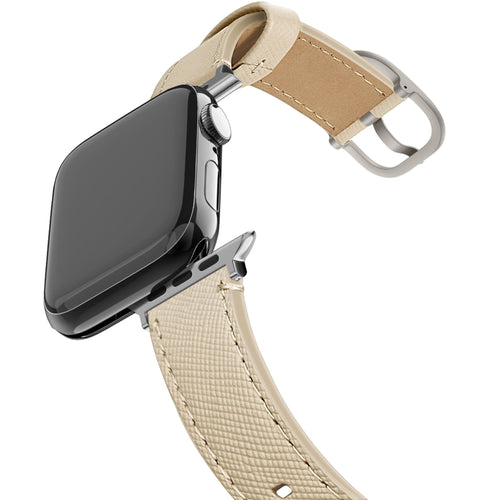 Leather Strap 'Deluxe', beige, on a watch, 3/4 front view