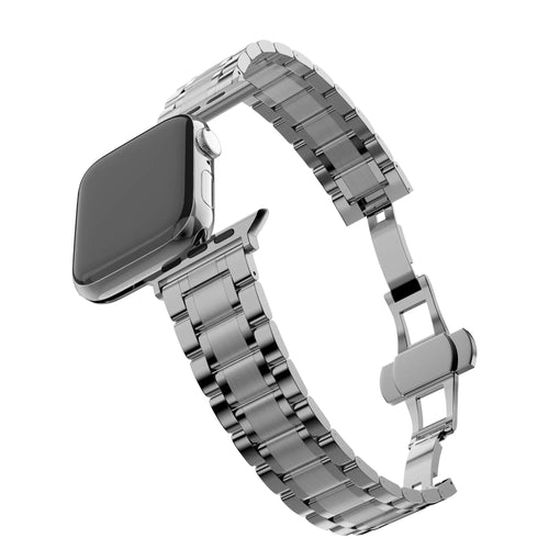 Steel Link Strap 'Deluxe', silver, on a watch, 3/4 front view