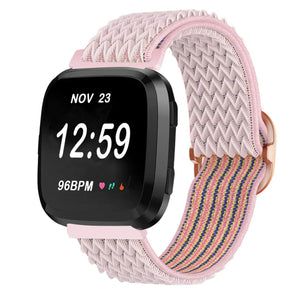 Nylon Elastic Strap, pink, on a watch, 3/4 front view