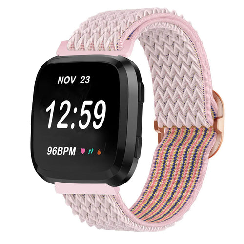 Nylon Elastic Strap, pink, on a watch, 3/4 front view