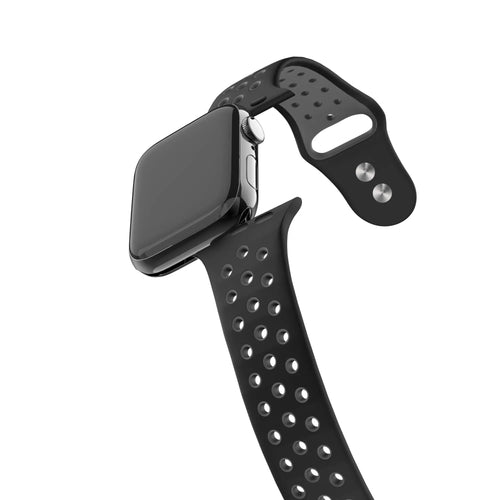 Silicone Dual Snap Sport Strap, black/grey, on a watch, 3/4 front view