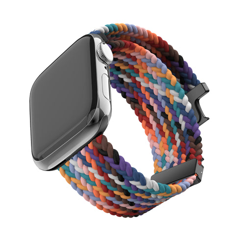 Nylon Braided Strap 'Parachute', rainbow, on a watch, 3/4 front view