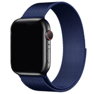 Milanese Strap, blue, on a watch, 3/4 front view