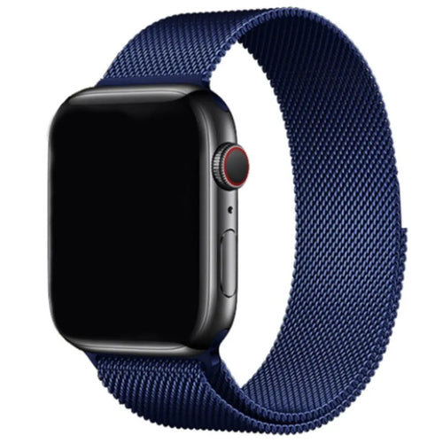 Milanese Strap, blue, on a watch, 3/4 front view