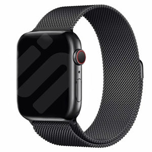 Milanese Strap, black, on a watch, 3/4 front view
