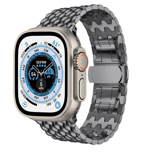 Steel Dragon Strap, black, on a watch, 3/4 front view