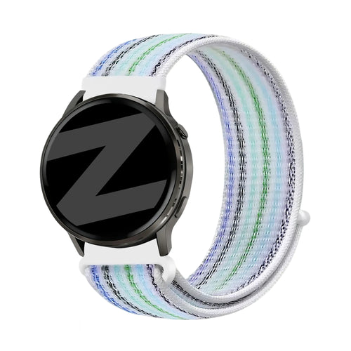 Nylon Loop Strap, blue stripes, on a watch, 3/4 front view