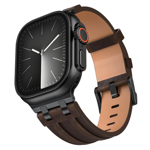 Solid Leather Strap, coffee, on a watch, 3/4 front view