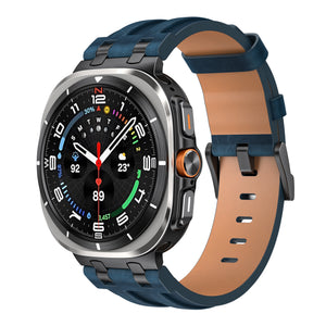 Solid Leather Strap, dark blue, on a watch, 3/4 front view