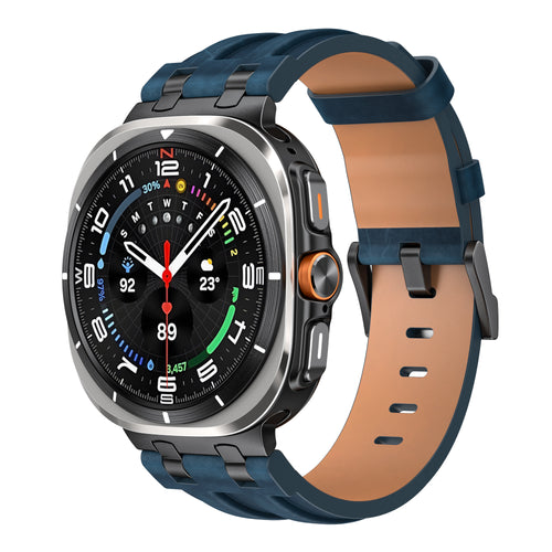 Solid Leather Strap, dark blue, on a watch, 3/4 front view