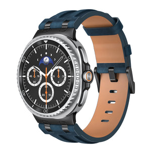 Solid Leather Strap, dark blue, on a watch, 3/4 front view