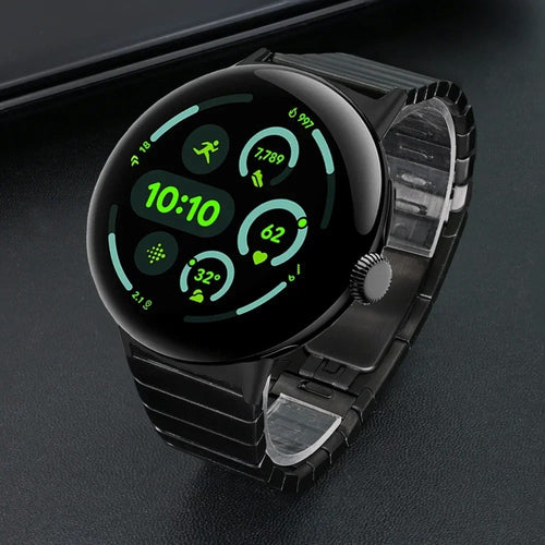 Premium Metal Link Strap, black, on a watch, 3/4 front view
