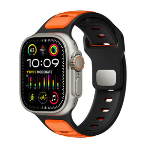 Silicone Premium Outdoor Strap, orange/black, on a watch, 3/4 front view