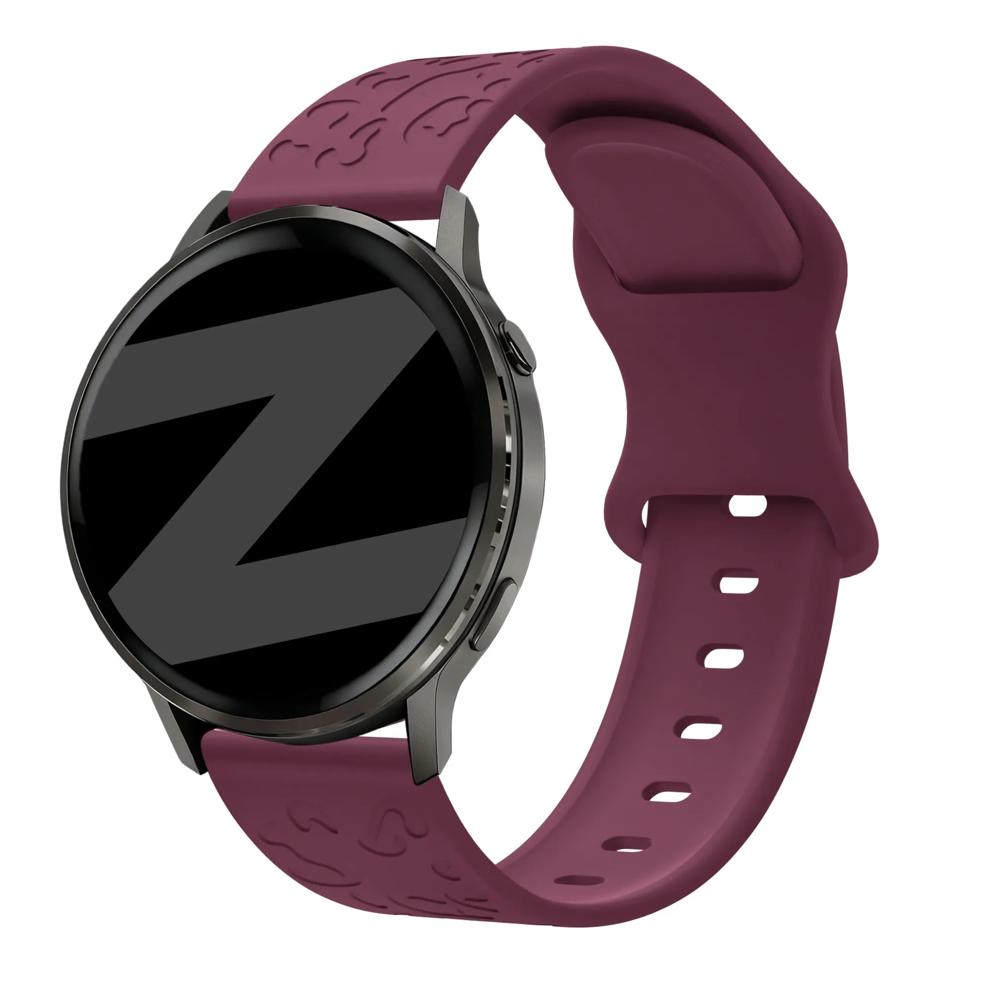 Silicone Strap 'Leopard', wine red, on a watch, 3/4 front view