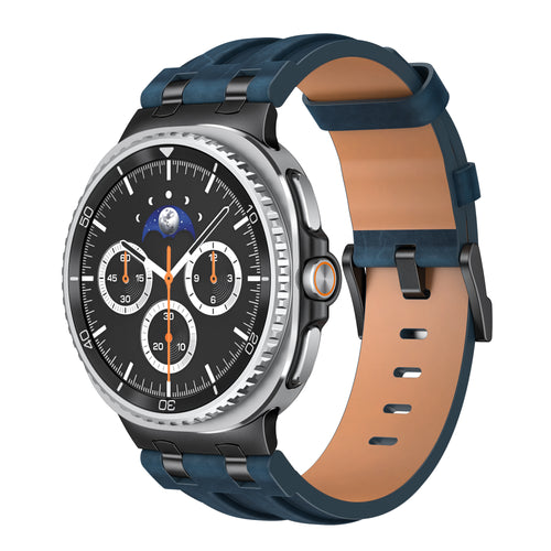 Solid Leather Strap, dark blue, on a watch, 3/4 front view