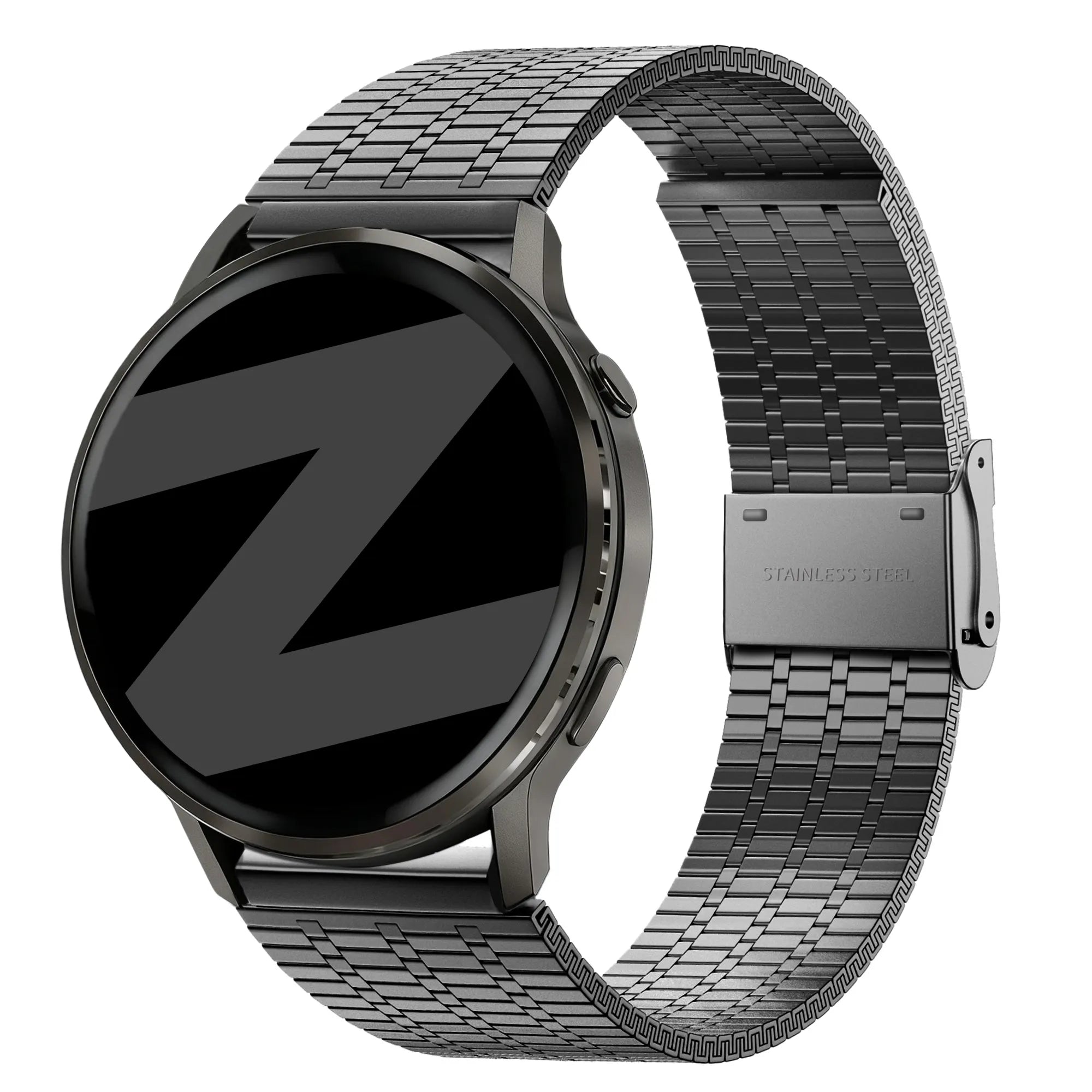 Adjustable Steel Strap, black, on a watch, 3/4 front view