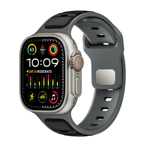 Silicone Premium Outdoor Strap, black/grey, on a watch, 3/4 front view