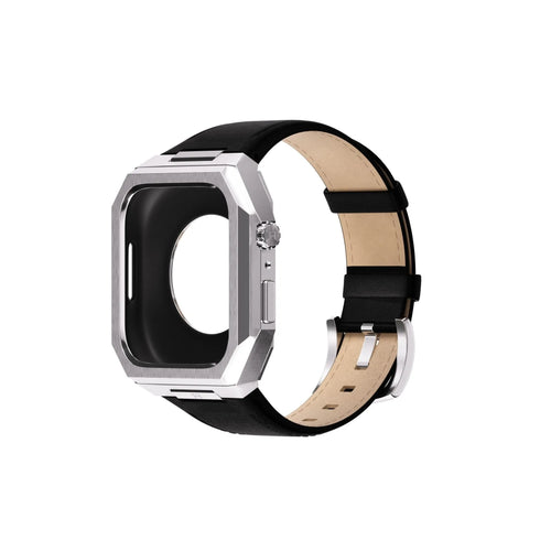 Reqior Funda de metal con correa de cuero Apple Watch 45mm (plateado/negro)