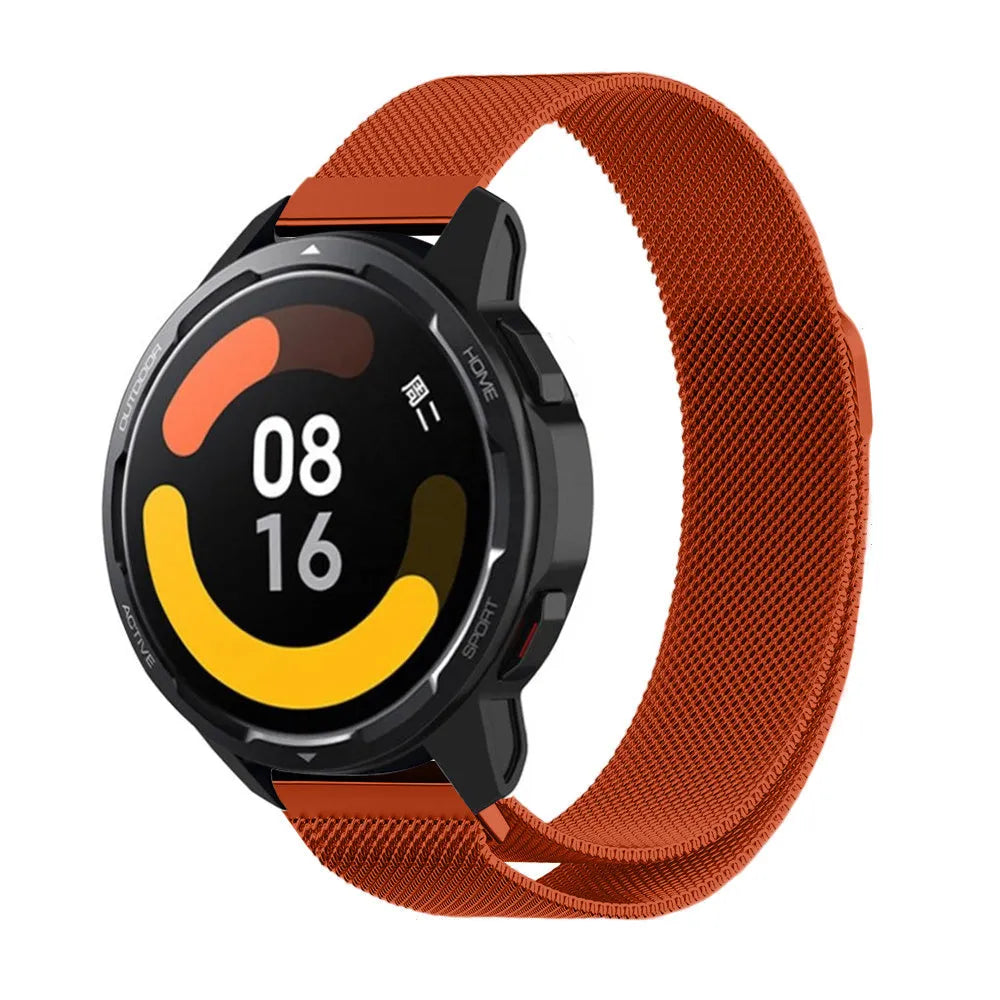 Milanese Strap, orange, on a watch, 3/4 front view