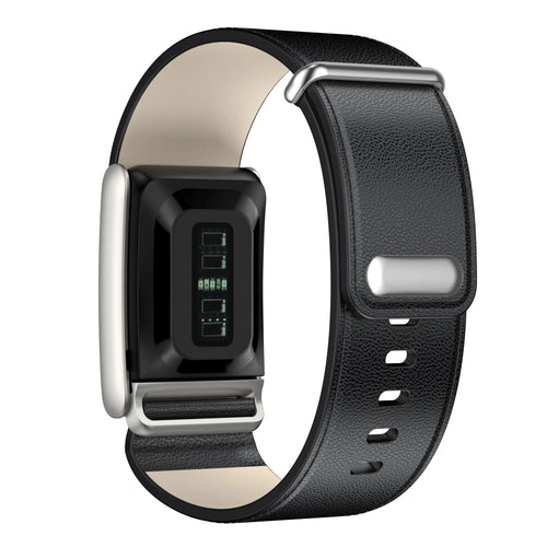 Leather Strap, black, on a watch, 3/4 front view