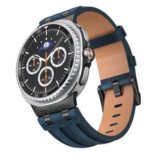 Solid Leather Strap, dark blue, on a watch, 3/4 front view