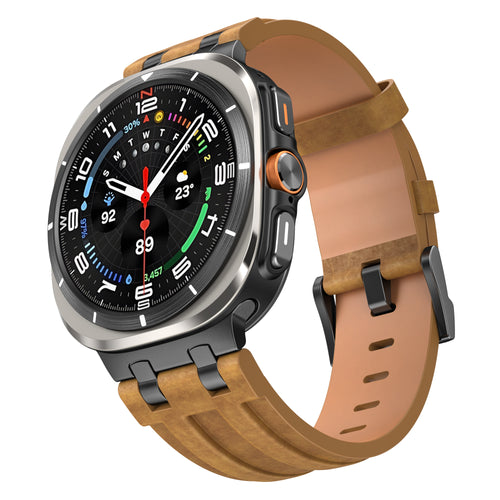 Solid Leather Strap, brown, on a watch, 3/4 front view
