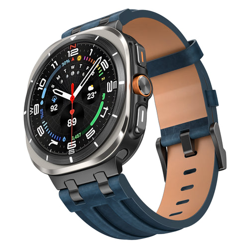Solid Leather Strap, dark blue, on a watch, 3/4 front view