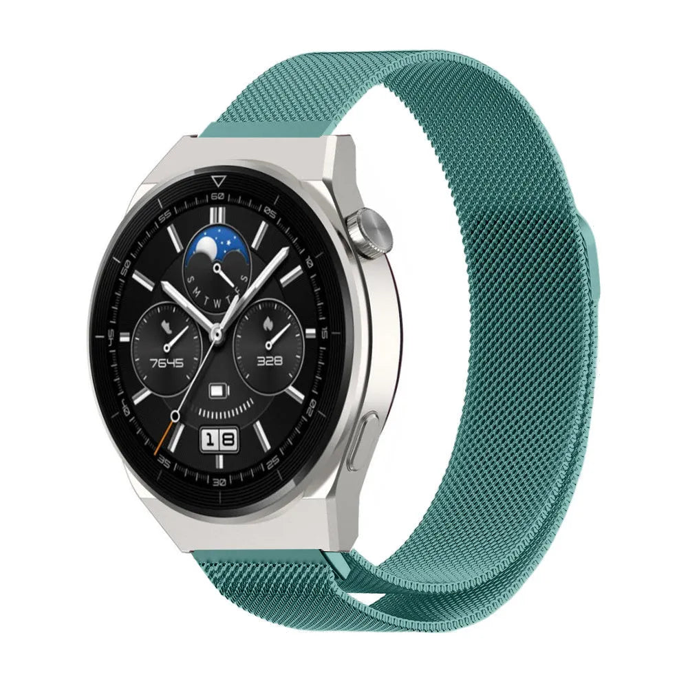 Milanese Strap, green, on a watch, 3/4 front view