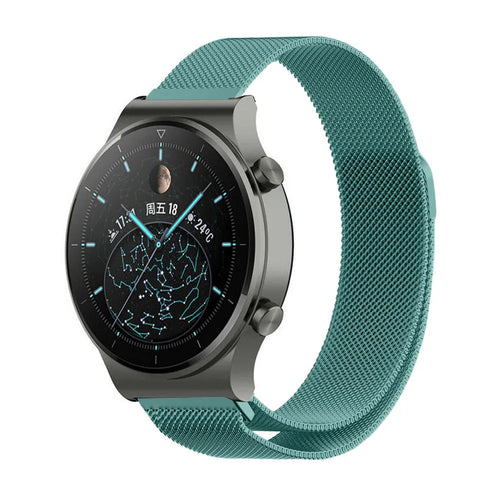 Milanese Strap, green, on a watch, 3/4 front view