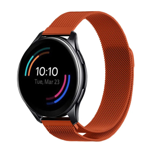 Milanese Strap, orange, on a watch, 3/4 front view