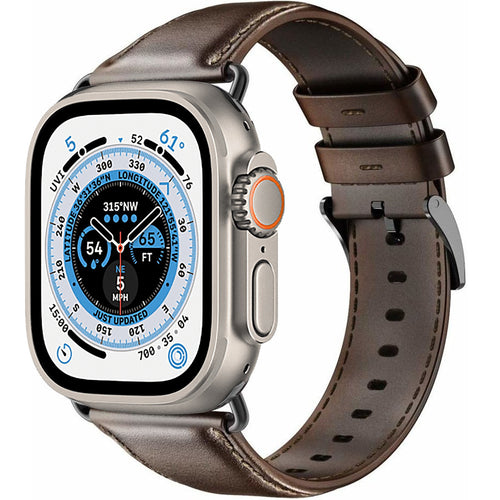 Leather Strap, dark brown, on a watch, 3/4 front view