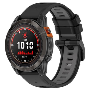 Silicone Buckled Sport Strap, black/grey, on a watch, 3/4 front view