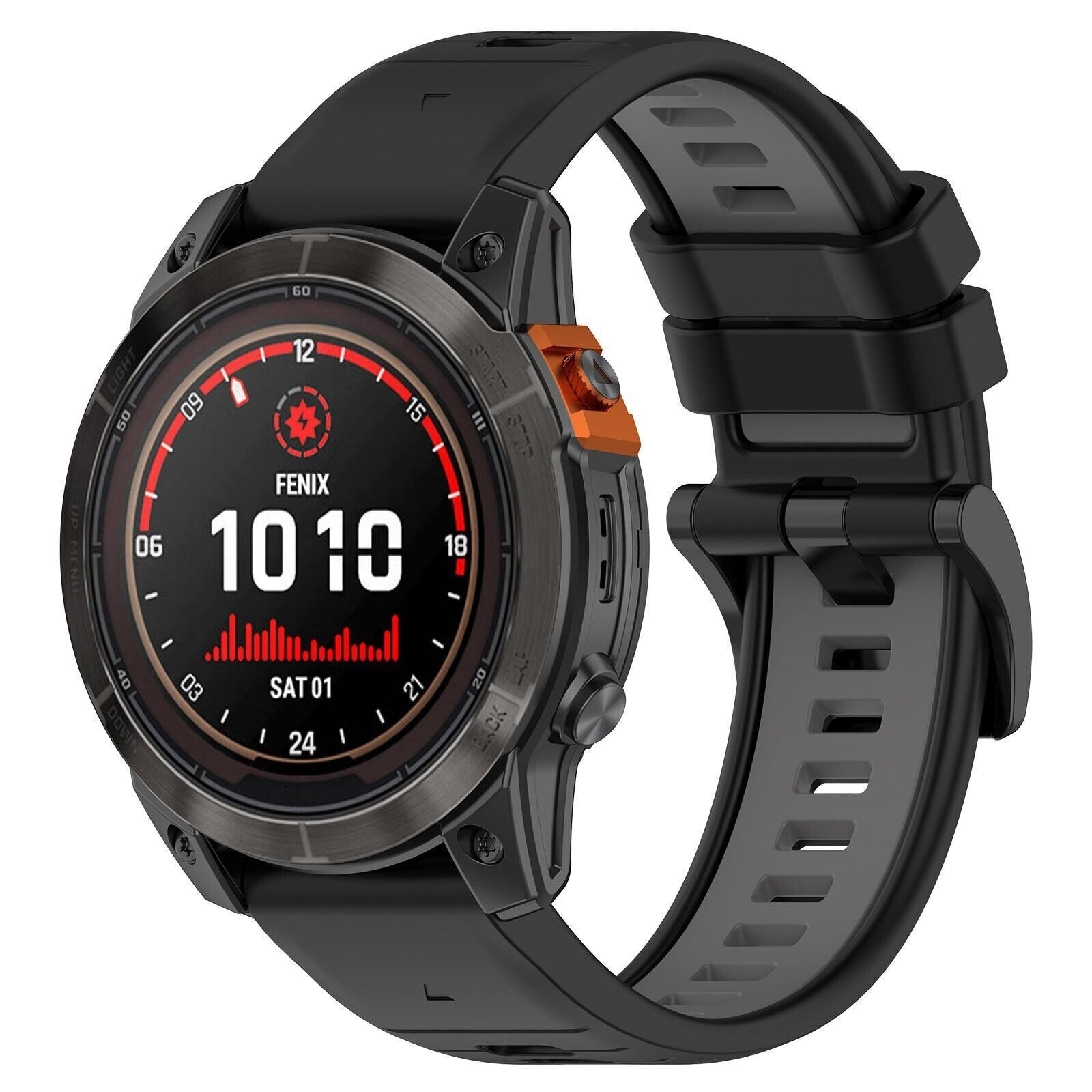 Silicone Buckled Sport Strap, black/grey, on a watch, 3/4 front view