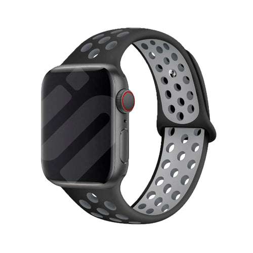 Silicone Sport Strap, black/grey, on a watch, 3/4 front view